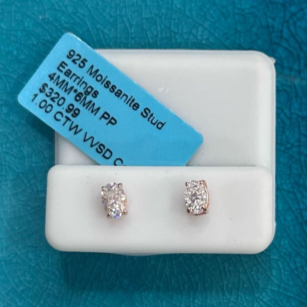 NWT 925 Sterling Silver Moissanite Stud Earrings Women's 4MM*6MM Silver 1.0 CTW